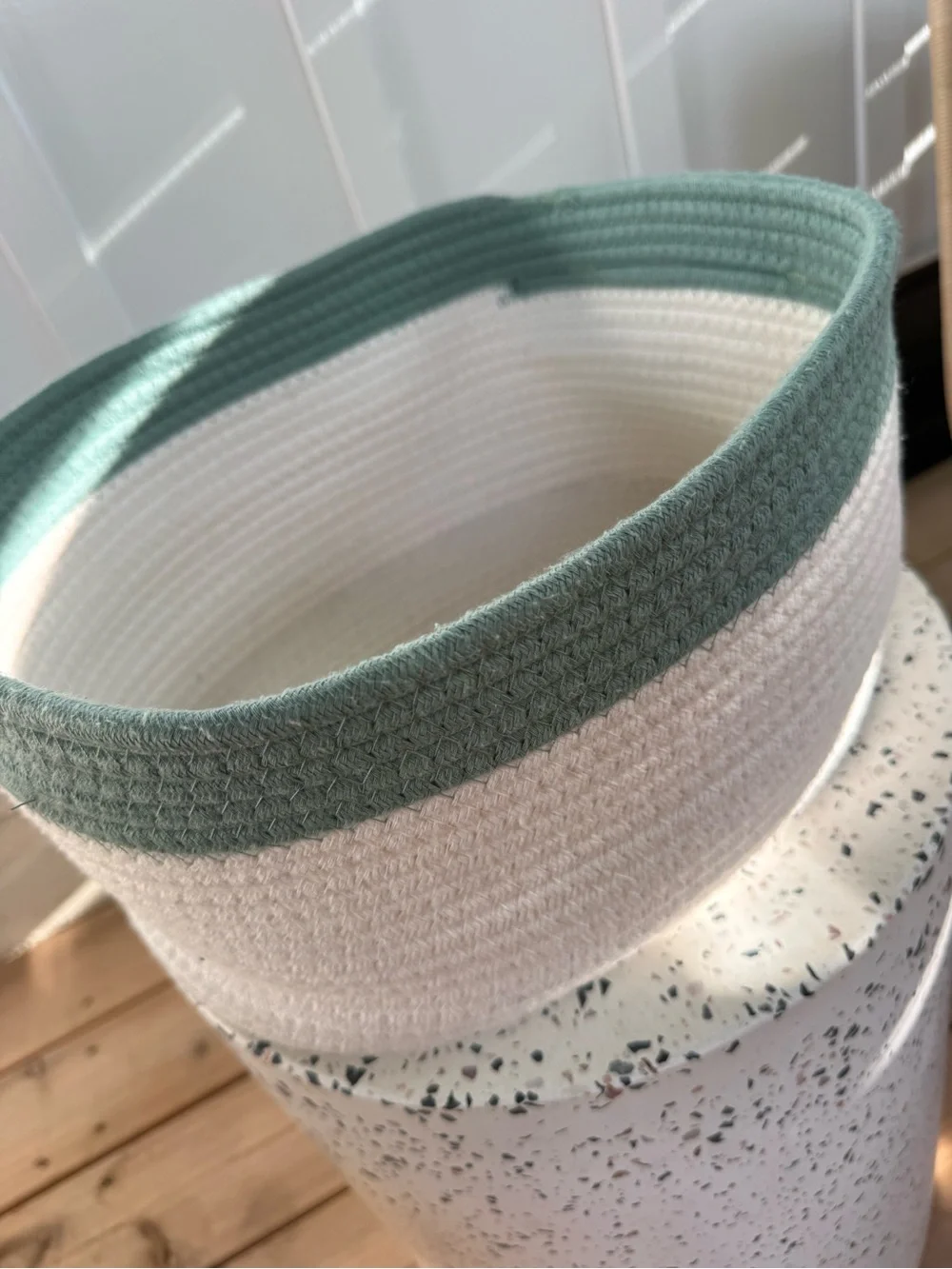 The Container Store Small Kawaii Cotton Rope Bin with Handles Green Sage Cream